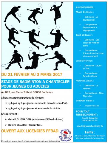 Affiche du stage de badminton vacances février